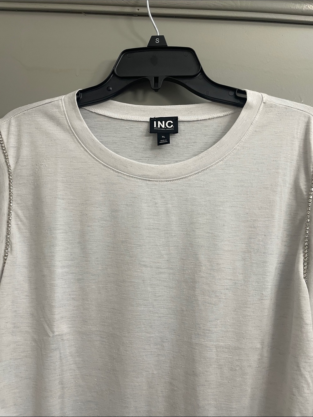 INC International Concepts Cream Short Sleeve Tee with Sleeve Jewel Detail